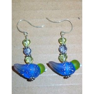 Pretty Artist Lamp Work  birds in blue green with 925 silver drops on the birds